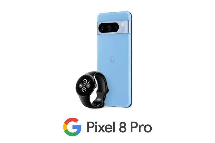 Pixel Watch 2 in Matte Black Case with Obsidian Active Band and Pixel 8 Pro in Bay with the Google Pixel 8 Pro logo below.