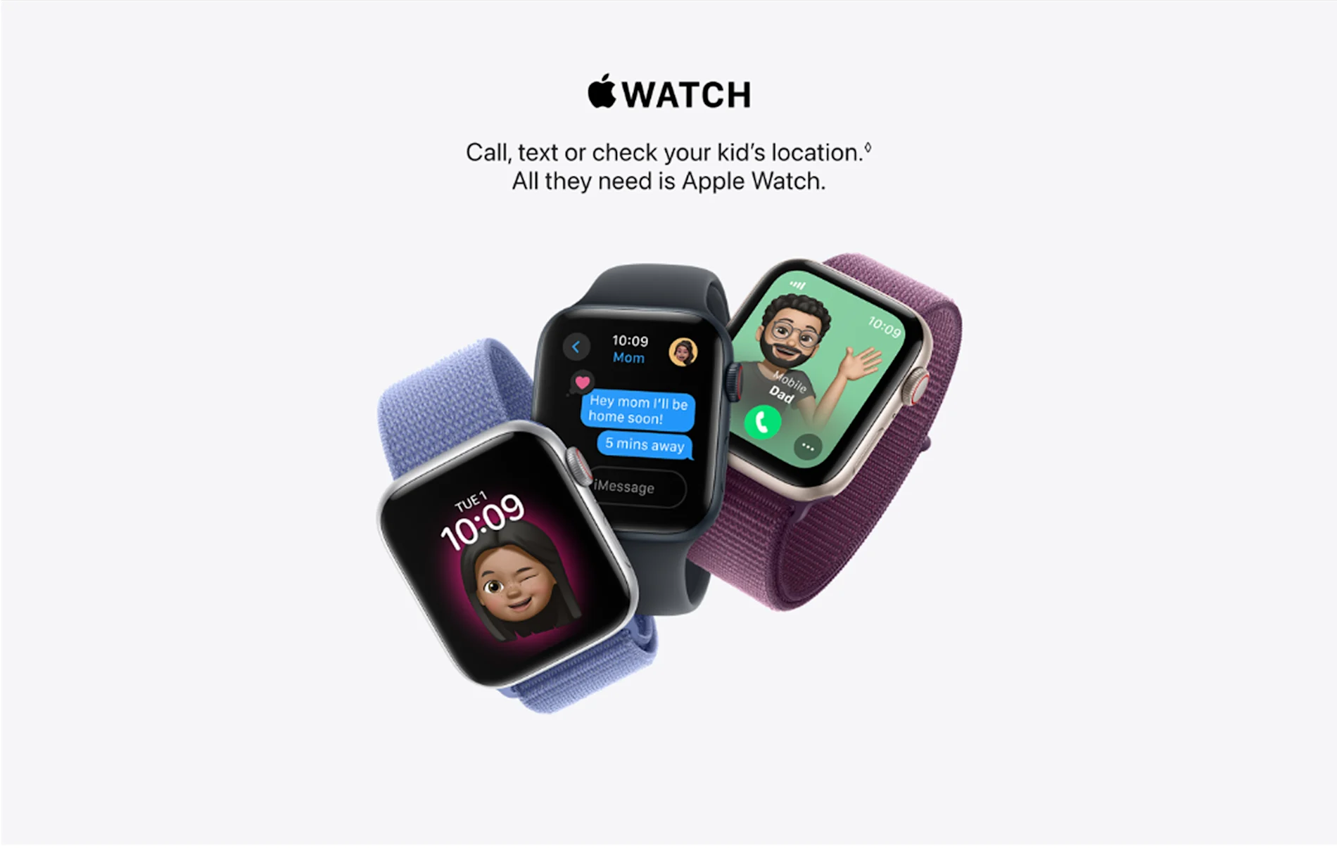 Three Apple Watch SE. Each has a unique band; Blue Sport, Black rubber and Plum Sport.