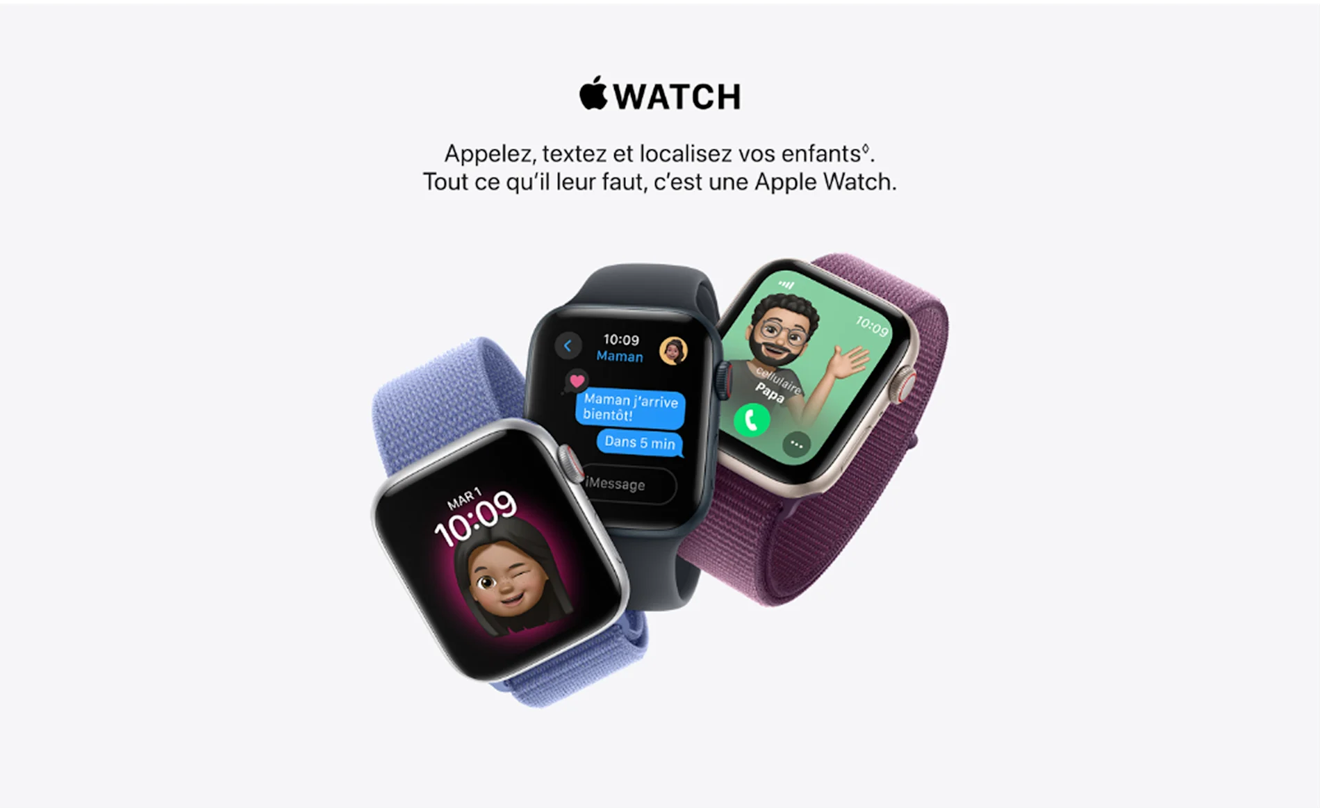 Trois montres Apple Watch SE. Chacune a un bracelet unique : Sport en bleu, Noir Caoutchouc et Sport en prune.