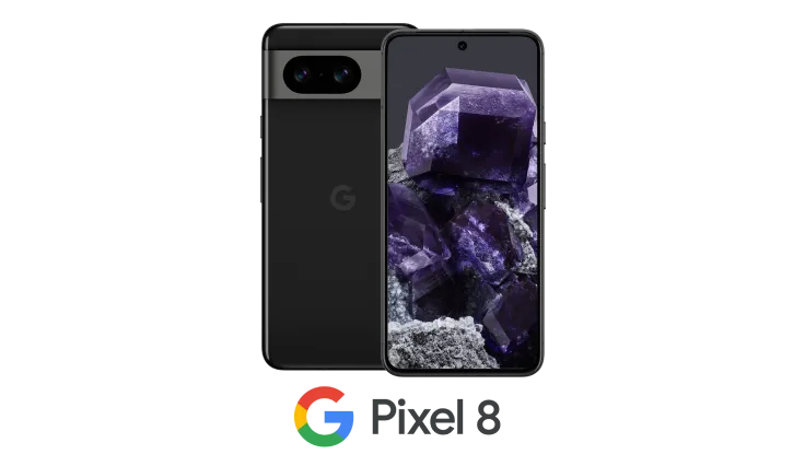 Front and black view of Google Pixel 8 in Obsidian Black. 
