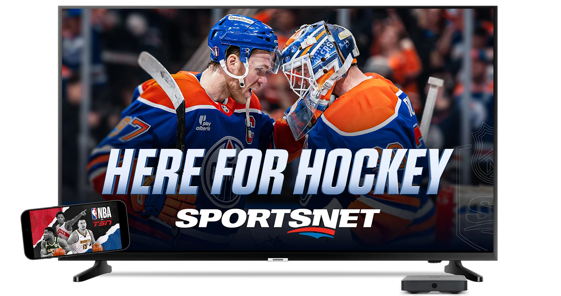 A TV set displaying a Sportsnet screen with hockey players in jerseys and the text "Hockey’s Back". A smartphone shows related content.