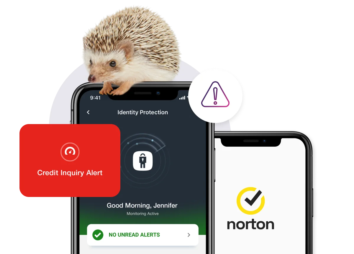 A smart phone shows the identity protection screen with no unread alerts while another screen show a credit inquiry alert pop up. A Norton logo and hazard icon are displayed.