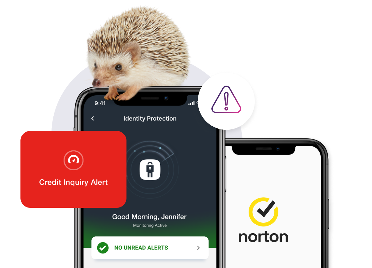 A smart phone shows the identity protection screen with no unread alerts while another screen show a credit inquiry alert pop up. A Norton logo and hazard icon are displayed.