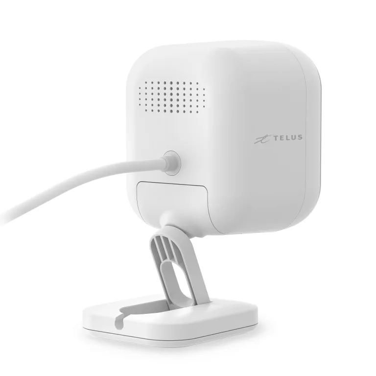 TELUS Indoor Camera angled rear view showing the cord and adjustable stand