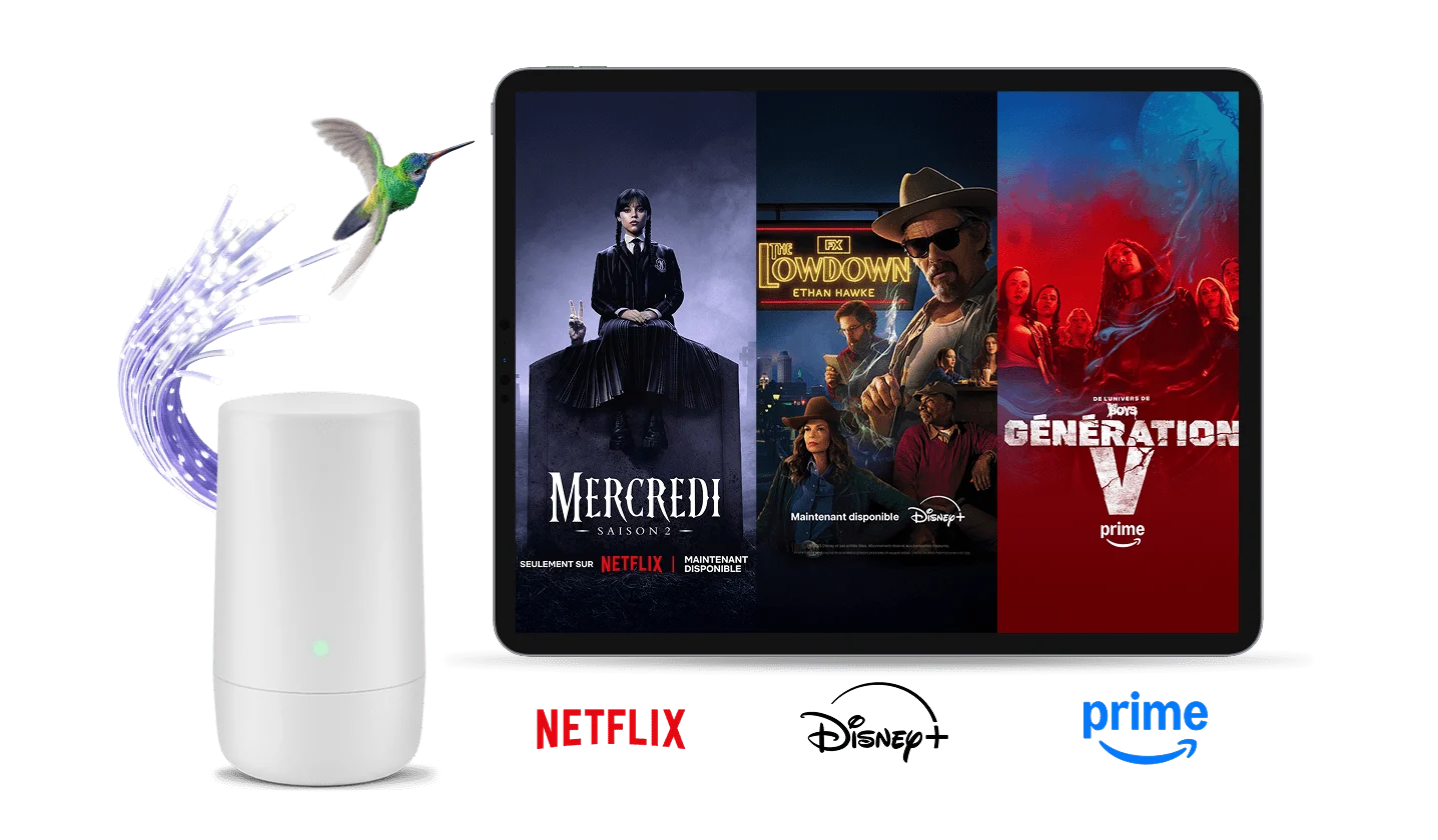 Un modem TELUS et un colibri à côté d’une tablette montrant trois affiches de séries : Mercredi, The Lowdown et Génération V. Il y a les logos de Netflix, Disney+ et Amazon Prime sous les tablettes.