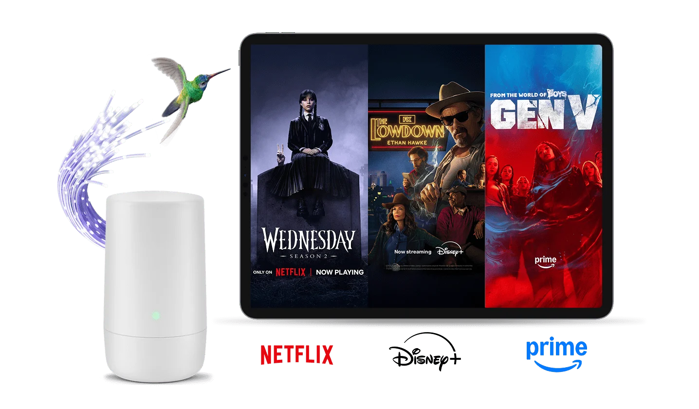 A TELUS modem and hummingbird next to a tablet displaying three posters: Wednesday, The Lowdown and Gen V. Below the tablet are logos of Netflix, Disney+ and Amazon Prime.