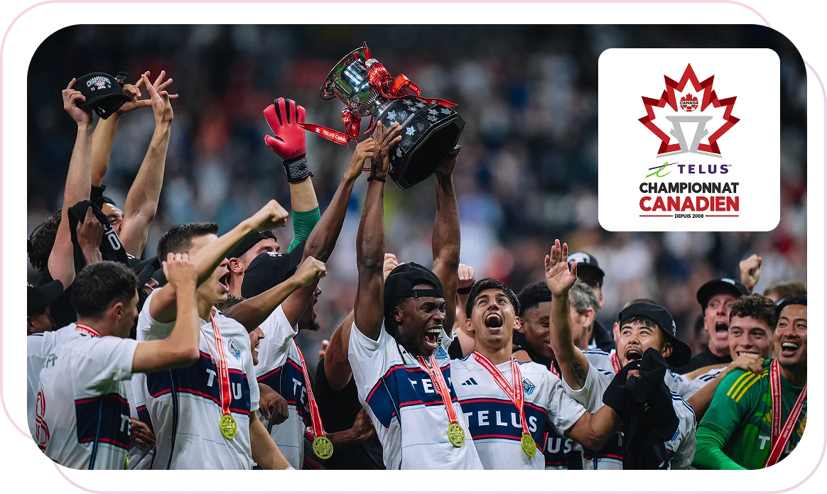 Les joueurs de l’équipe TELUS célèbrent avec un trophée et des médailles d’or au championnat canadien. Le logo de l’équipe est affiché dans le coin supérieur droit.