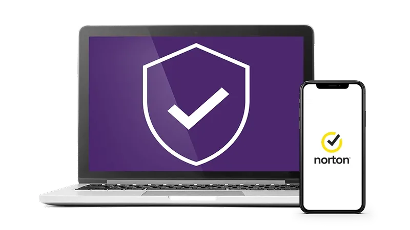 A laptop and smartphone. The laptop displays the TELUS Online Security logo, and the phone displays the Norton logo.