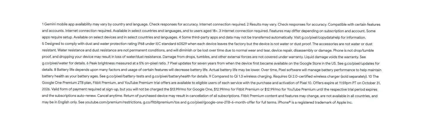 Google Pixel 10 feature terms and conditions.
