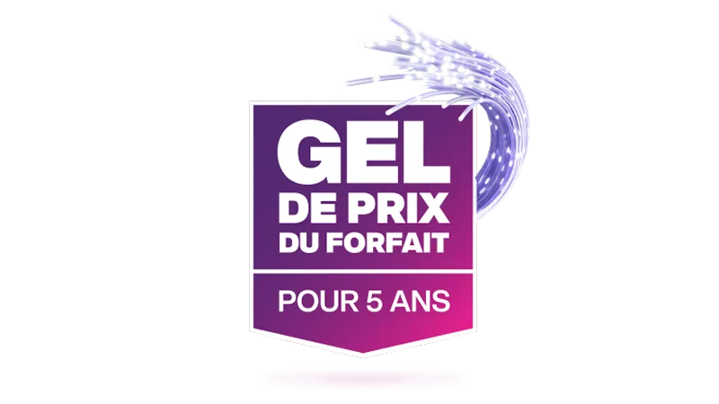 Une image présentant le logo Gel de prix du forfait pour 5 ans de TELUS dans une bannière violette et rose.