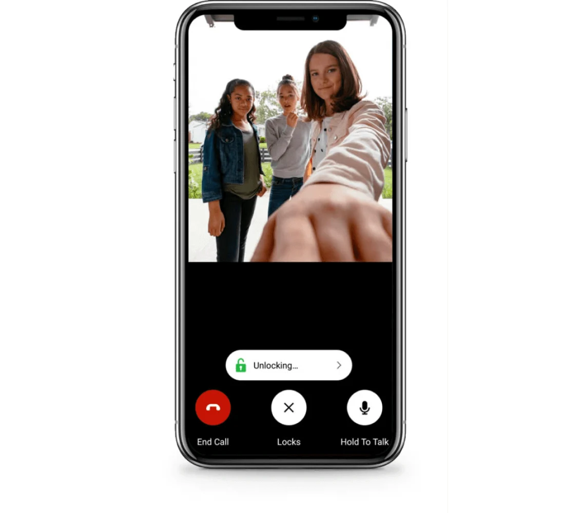 Video feed of a SmartHome doorbell camera, being viewed on a smartphone screen