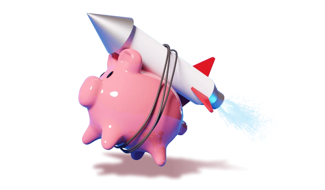 A Koodo illustration of a pink piggy bank strapped to a flying rocket.