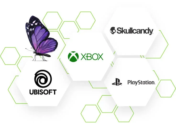 Hexagon shaped logos for UbiSoft, Playstation, Samsung and XBOX series X/S.