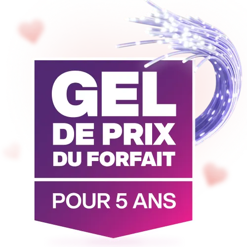 Une image présentant le logo Gel de prix du forfait pour 5 ans de TELUS dans une bannière violette et rose.