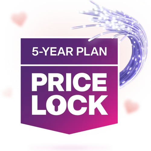 An image featuring the TELUS 5-year Internet rate plan price lock logo in a purple and pink gradient banner.