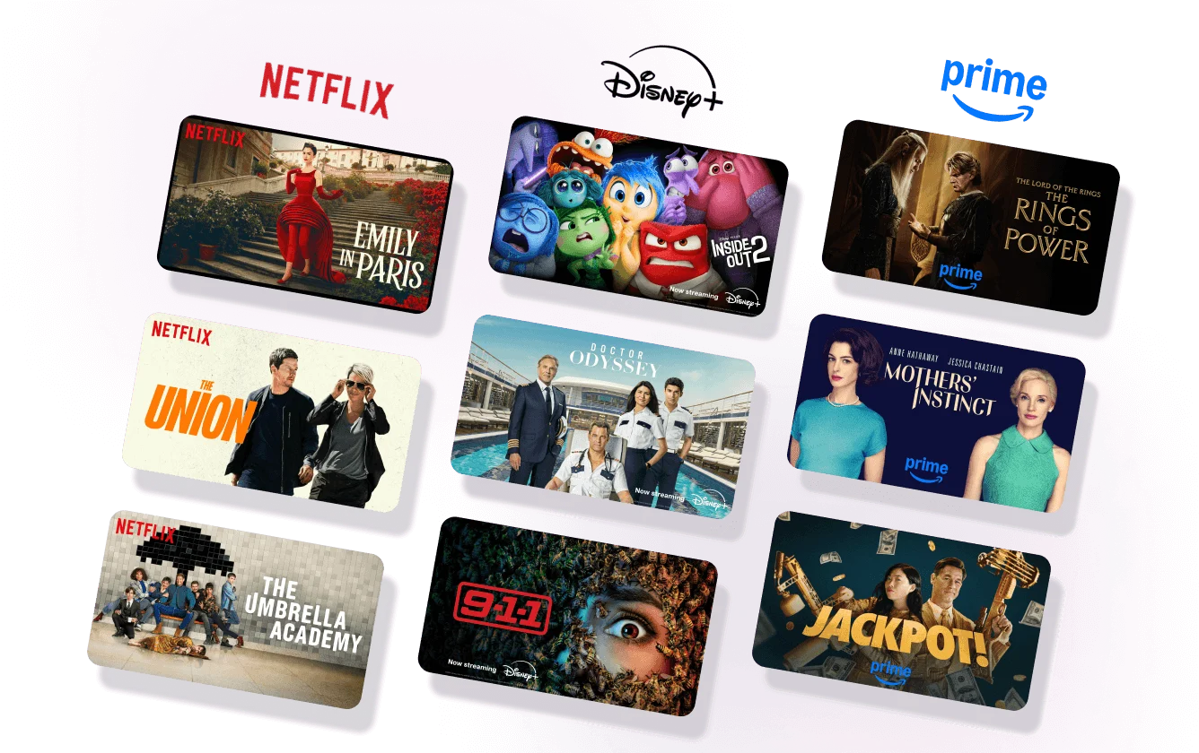 Multiple posters for popular Netflix, Disney+ and Prime Video streaming shows