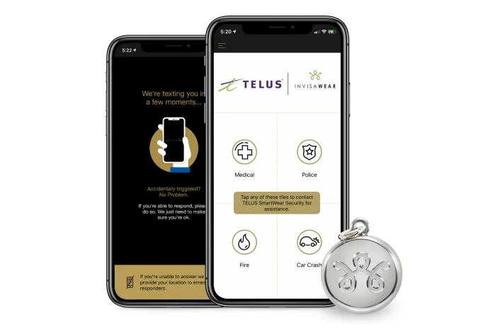 L’application invisaWear d’Accessoires de sécurité connectés de TELUS avec un dispositif connecté de couleur argent. 