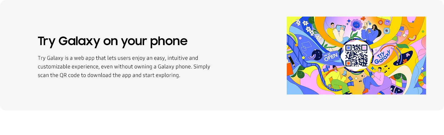 Samsung Try Galaxy web app promotion featuring colorful abstract illustration with QR code for downloading the app, allowing users to experience Galaxy phone features and interface without owning a Galaxy device.