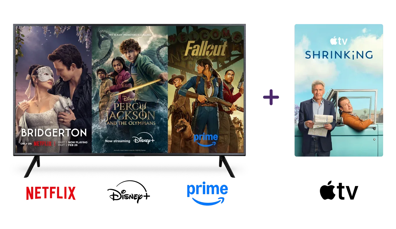 A TV and poster with the Netflix, Disney+, Prime and Apple TV logos below. The screens display the posters for Bridgerton, Percy Jackson, Fallout and Shrinking.