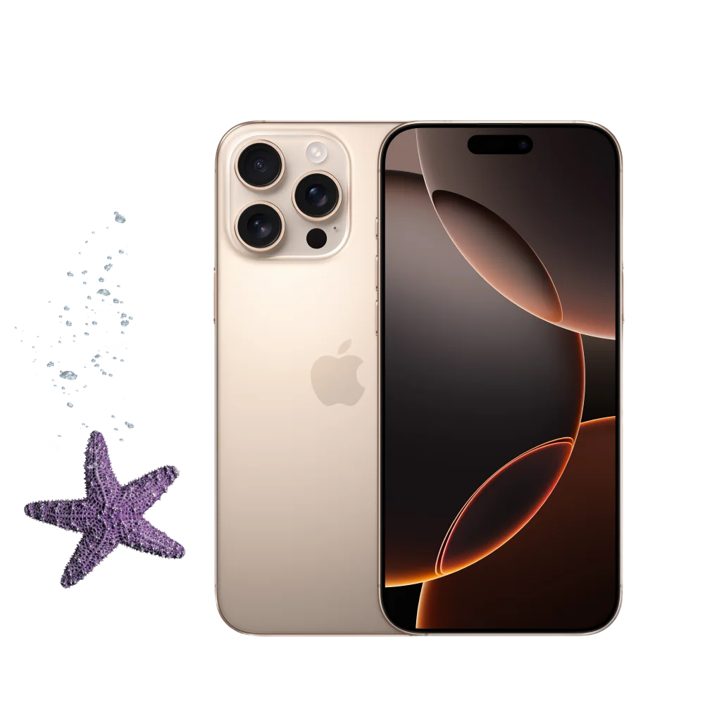 Desert Titanium iPhone 16 Pro shown from front and back views with black screen display, accompanied by purple starfish decoration on light background.