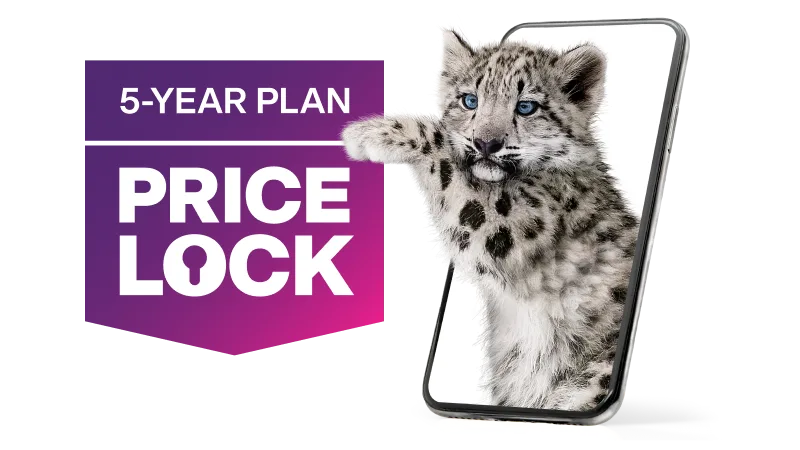 A snow leopard emerges from a smartphone. 5-Year Plan Price Lock.