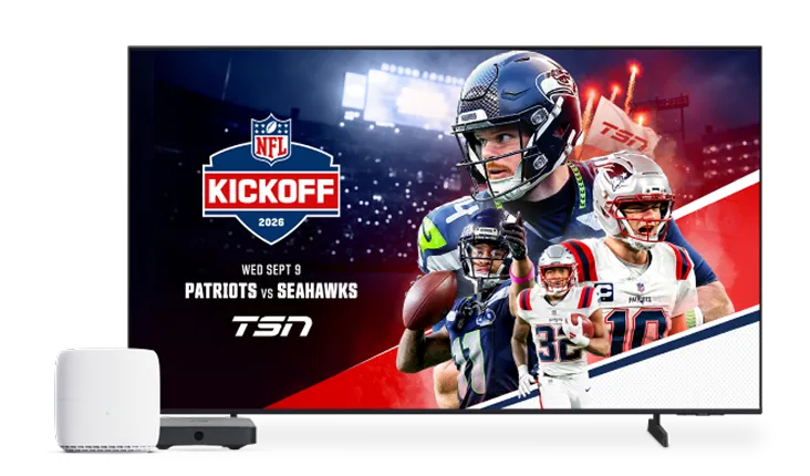 Flat-screen TV displaying the TSN 2026 NFL Kickoff promo, with a modem and streaming device set up beside it.
