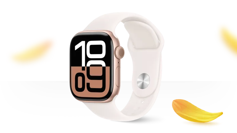 The watchface view of Apple Watch Series 10 with yellow flower petals falling around it.