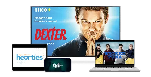 Four devices display different TV shows. A TV screen showing Dexter, a tablet screen showing Super Channel Hearties, a laptop showing Wicked Tuna and a smartphone showing Haunt TV.