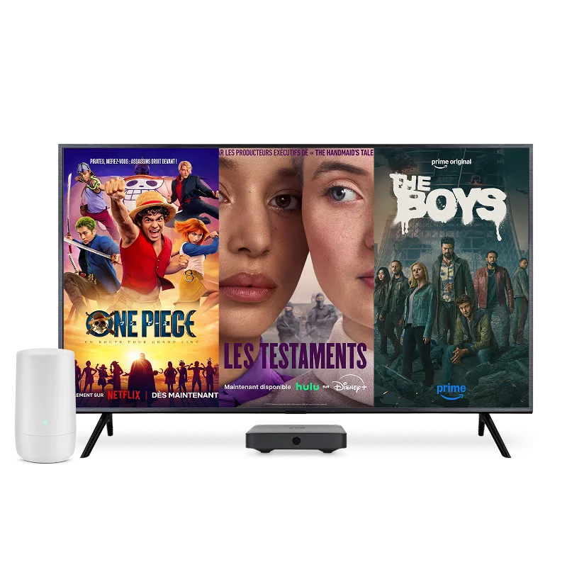 Un téléviseur et un modem TELUS. L’écran de télévision montre les affiches de One Piece: Into the grand line, The Testaments et The Boys.