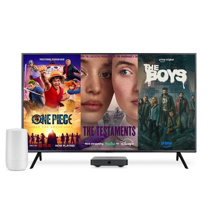 A TV and TELUS modem. The TV screen displays three posters: One Piece: Into the grand line, The Testaments and The Boys.