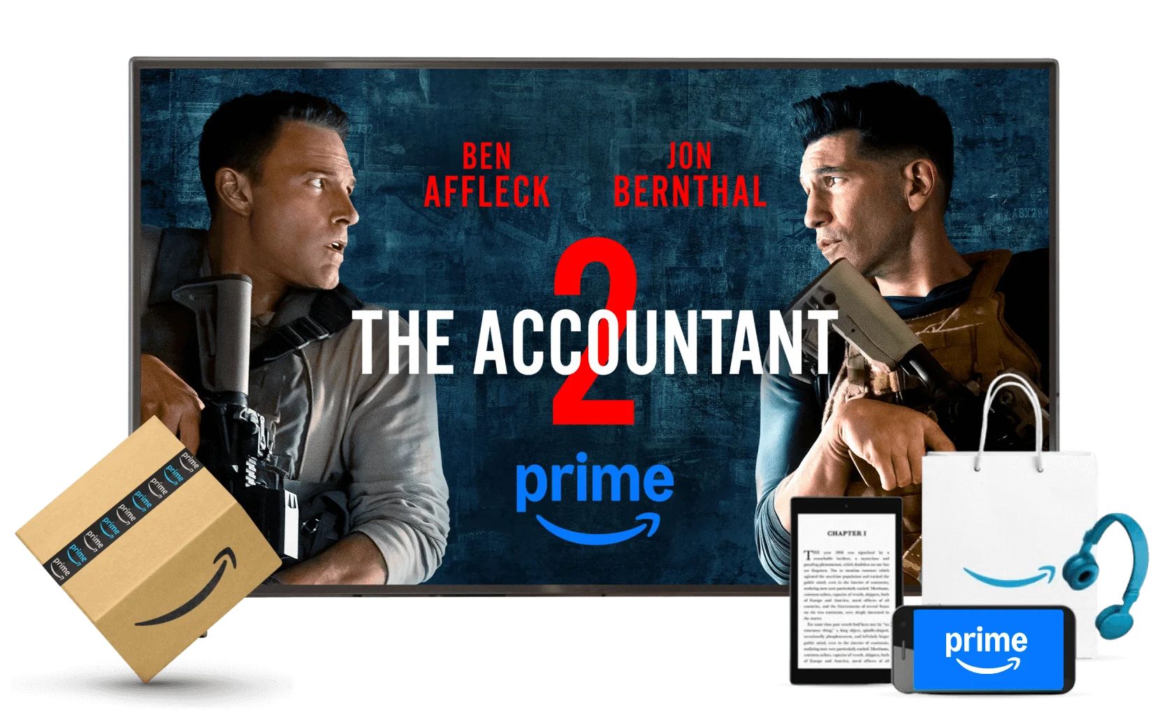 Amazon Prime, image shows amazon parcels, a Kindle e-reader, a smartphone, headphones and a television with a poster for The Accountant 2