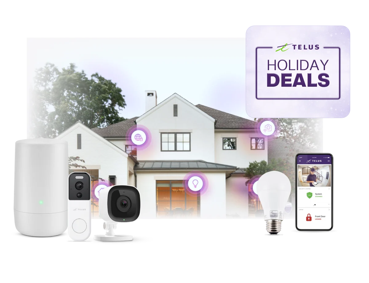 An image showing a house in the background with various SmartHome Security devices, a mobile phone and a roundel that says 'Holiday Deals'. 