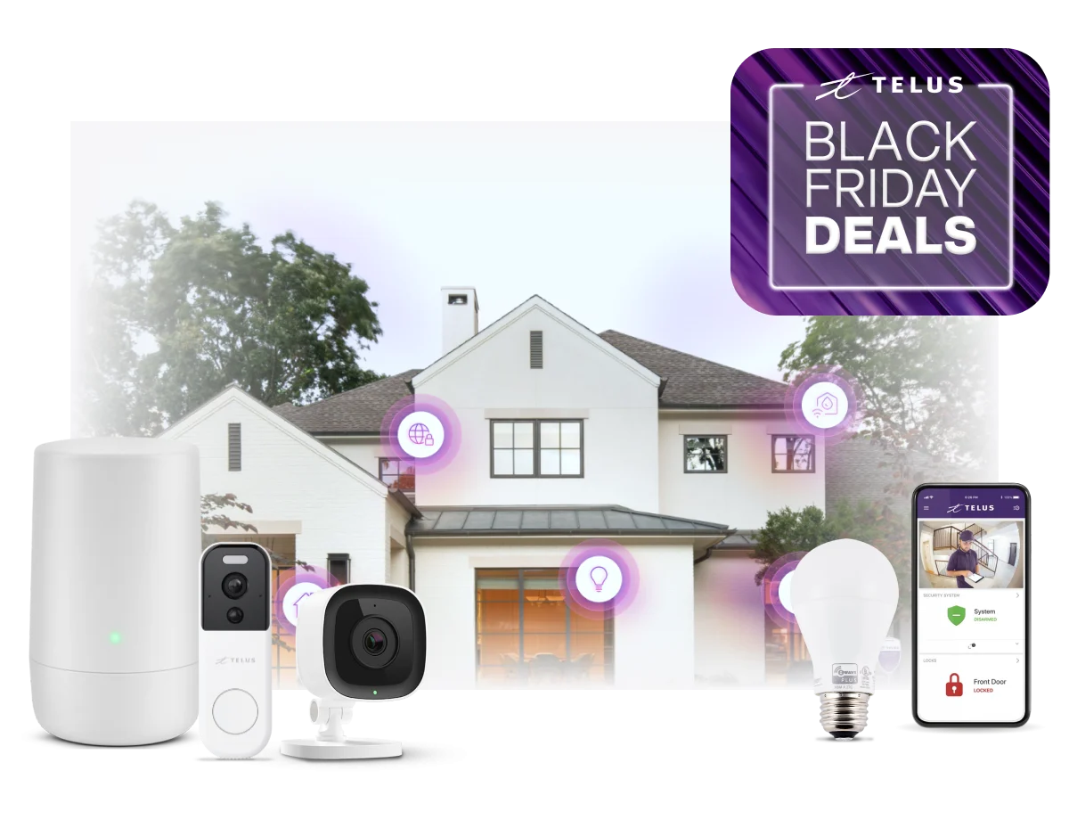 An image showing a house in the background with various SmartHome Security devices, a mobile phone and a roundel that says 'Black Friday deals'. 