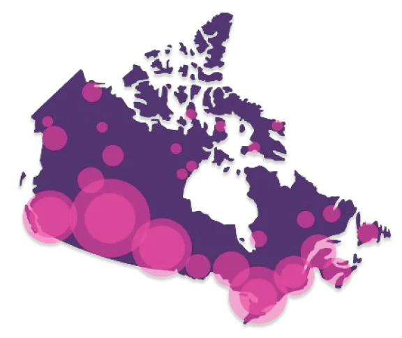 Une carte du Canada montrant les zones couvertes par le réseau 5G de TELUS.