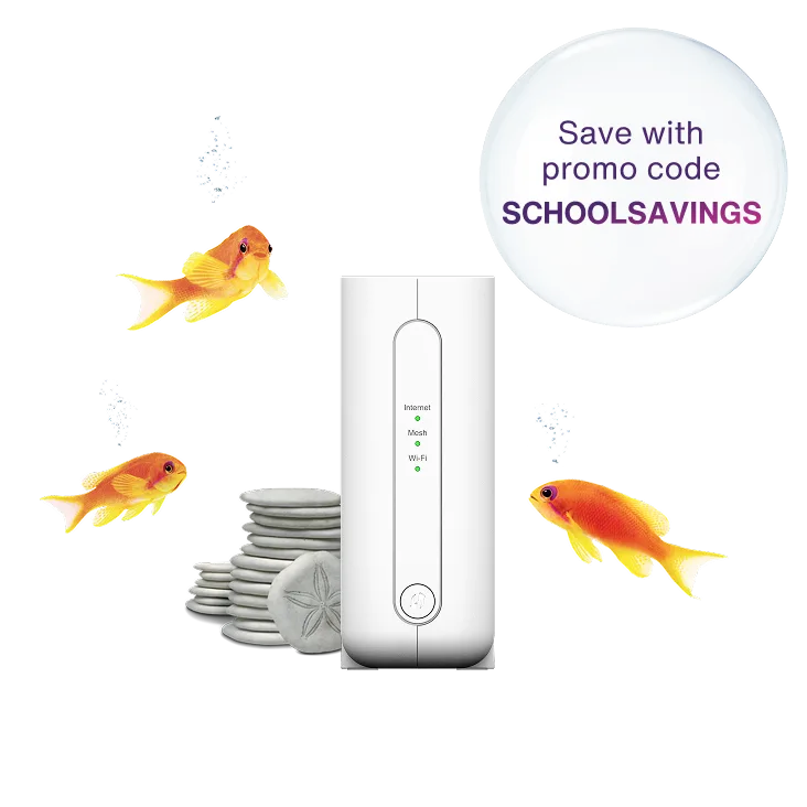 A TELUS modem next to a stack of sand dollars. A school of orange fish swim around the modem. A roundel reads: Save with promo code SCHOOLSAVINGS.
