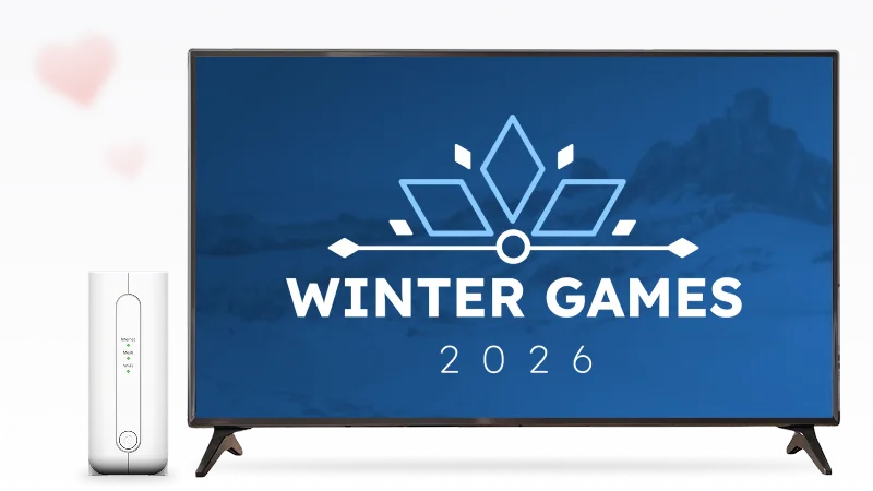A TV and TELUS modem. The TV screen displays the text “Winter Games 2026”.