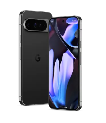 Front and back view of Google Pixel 9 Pro XL in Obsidian