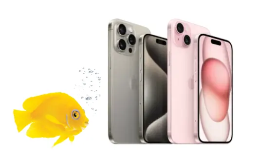 A vibrant yellow fish swims past the back and front views of the iPhone 15 in Natural Titanium Pro Max and iPhone 15 in Pink.