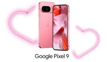 The front and back view of the Google Pixel 9 in pink are flanked by two neon hearts.