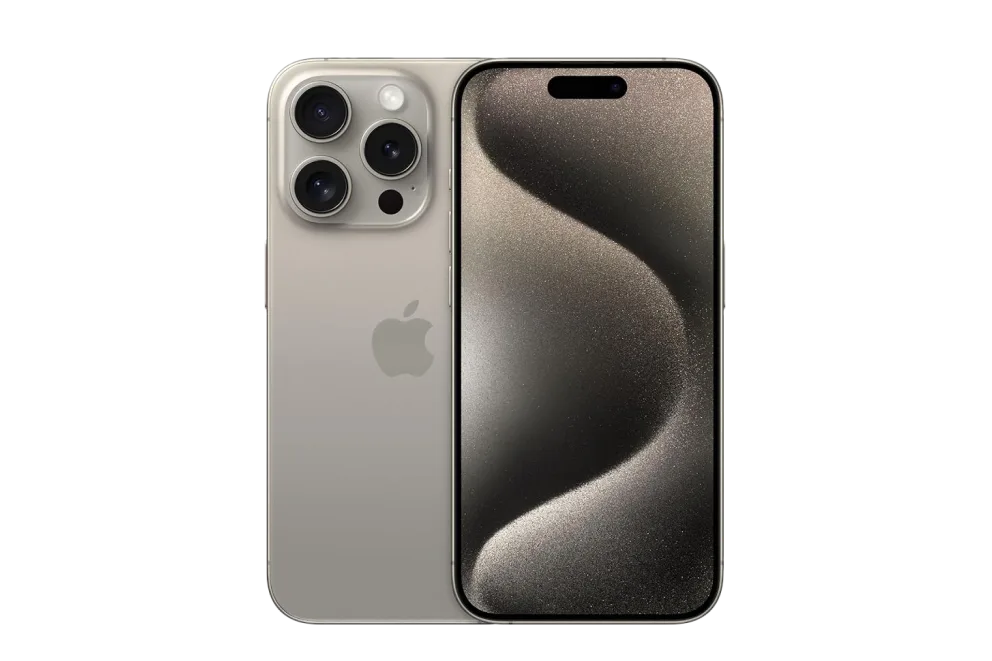 Front and back view of the iPhone 15 Pro Max in Natural Titanium.
