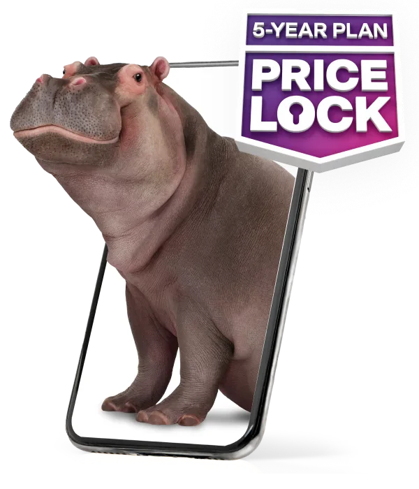 A hippo emerging from the screen of a smartphone featuring the TELUS 5-Year Plan Price Lock badge.