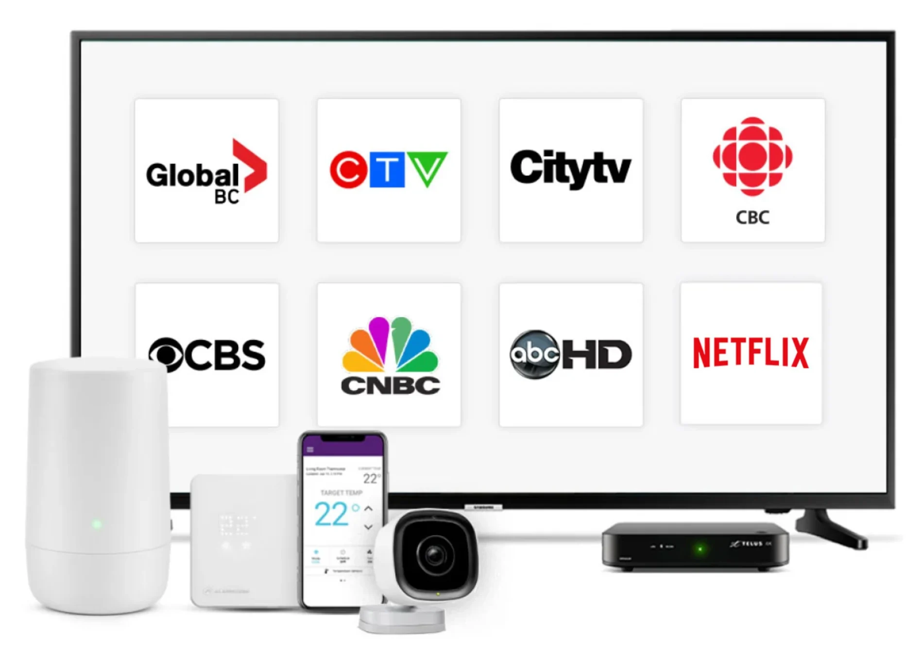 A large HD TV and PVR plus a security camera, internet router and other home security devices.