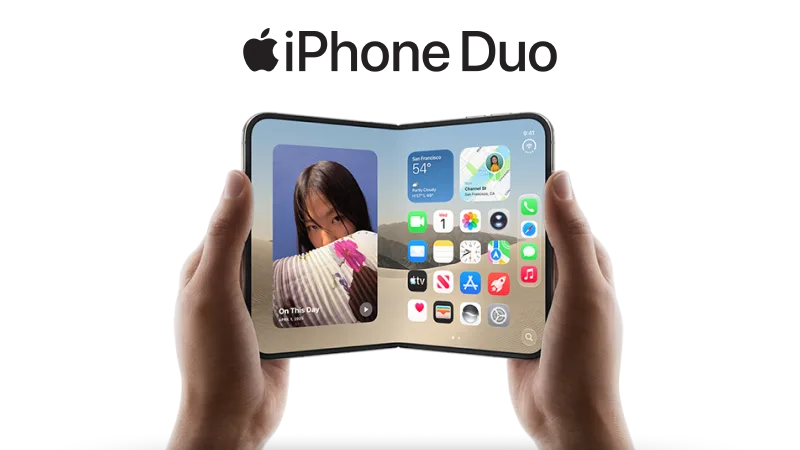 Two hands holding an iPhone Duo and showing its inner display, unfolding like a book.