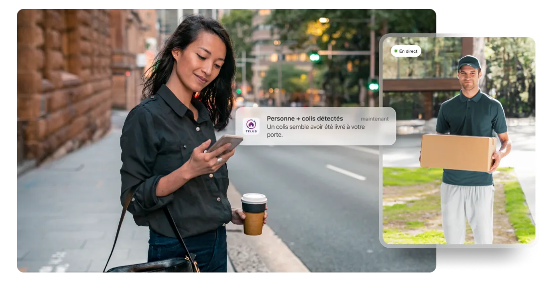 Femme utilisant un téléphone intelligent avec notification Maison connectée de livraison d’un colis