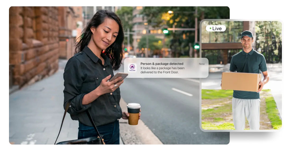 Woman using smartphone with smart home notification showing package delivery