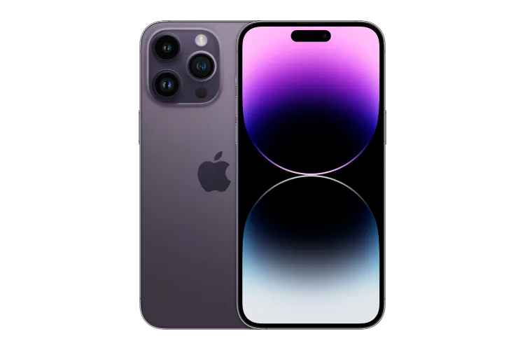 Back and front view of iPhone 14 Pro Max in Deep Purple.