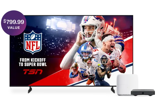 TV showing NFL on TSN promo featuring Josh Allen and Patrick Mahomes next to a Wi-Fi router, marked with a $799.99 value badge.