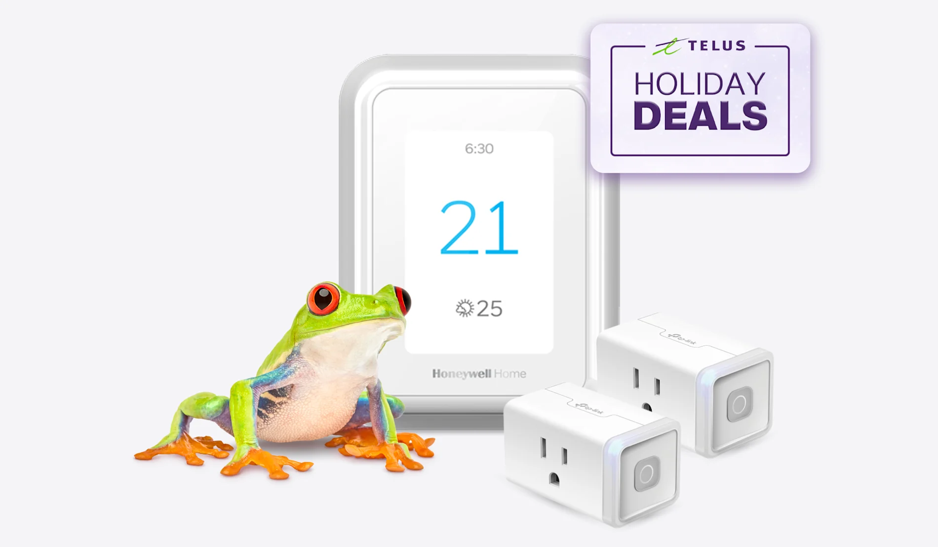 A frog is standing next to a smart thermostat and two smart plugs, displaying a roundel that says, "Holiday Deals."