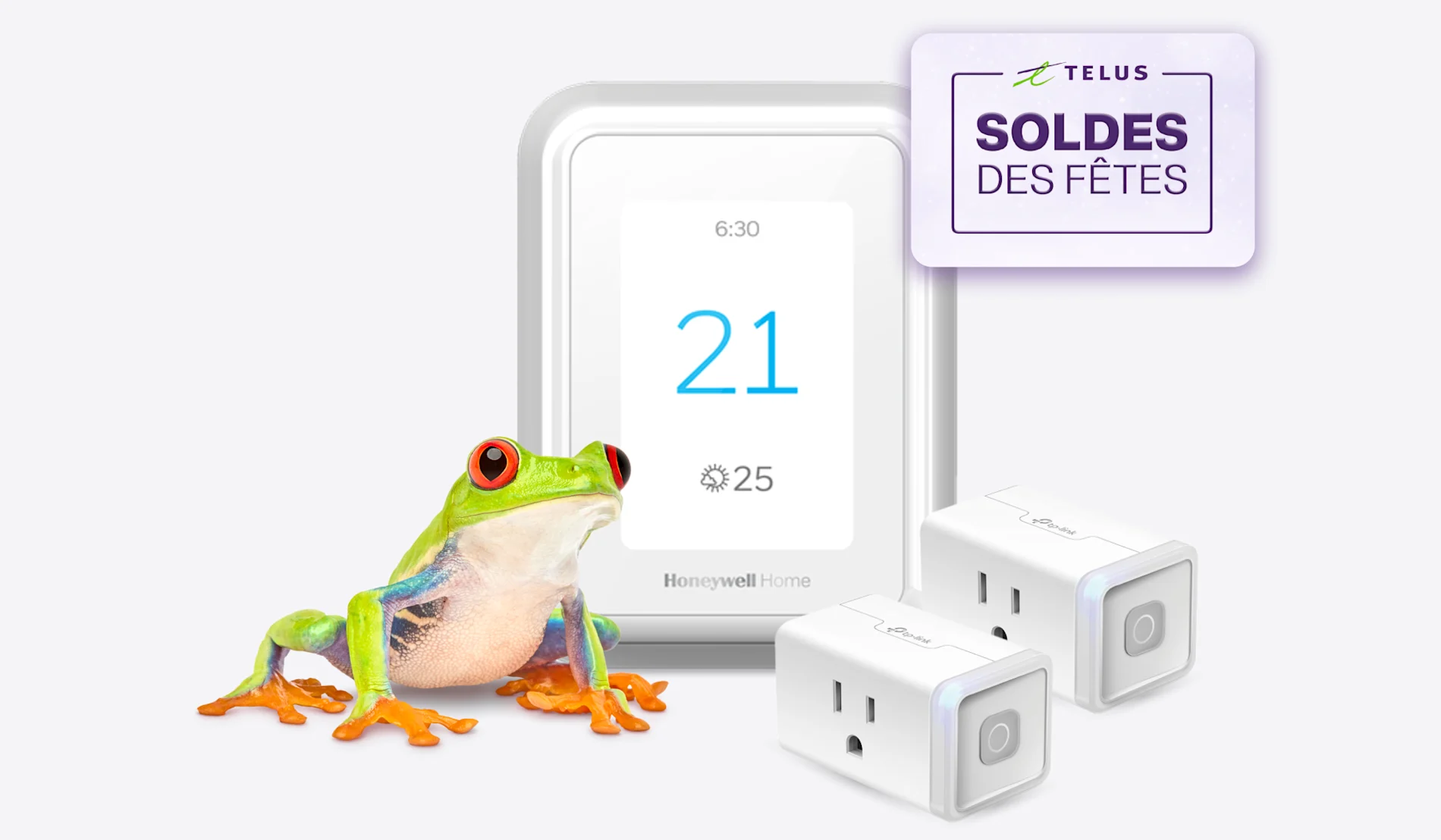 Une grenouille se tient à côté d’un thermostat intelligent et de deux prises de courant intelligentes qui portent l’inscription « Soldes des Fêtes ».