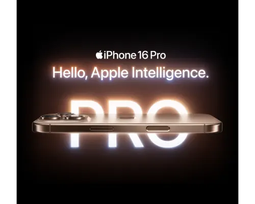 A horizontal side view of the iPhone 16 Pro with the word “Pro” appearing behind it. 